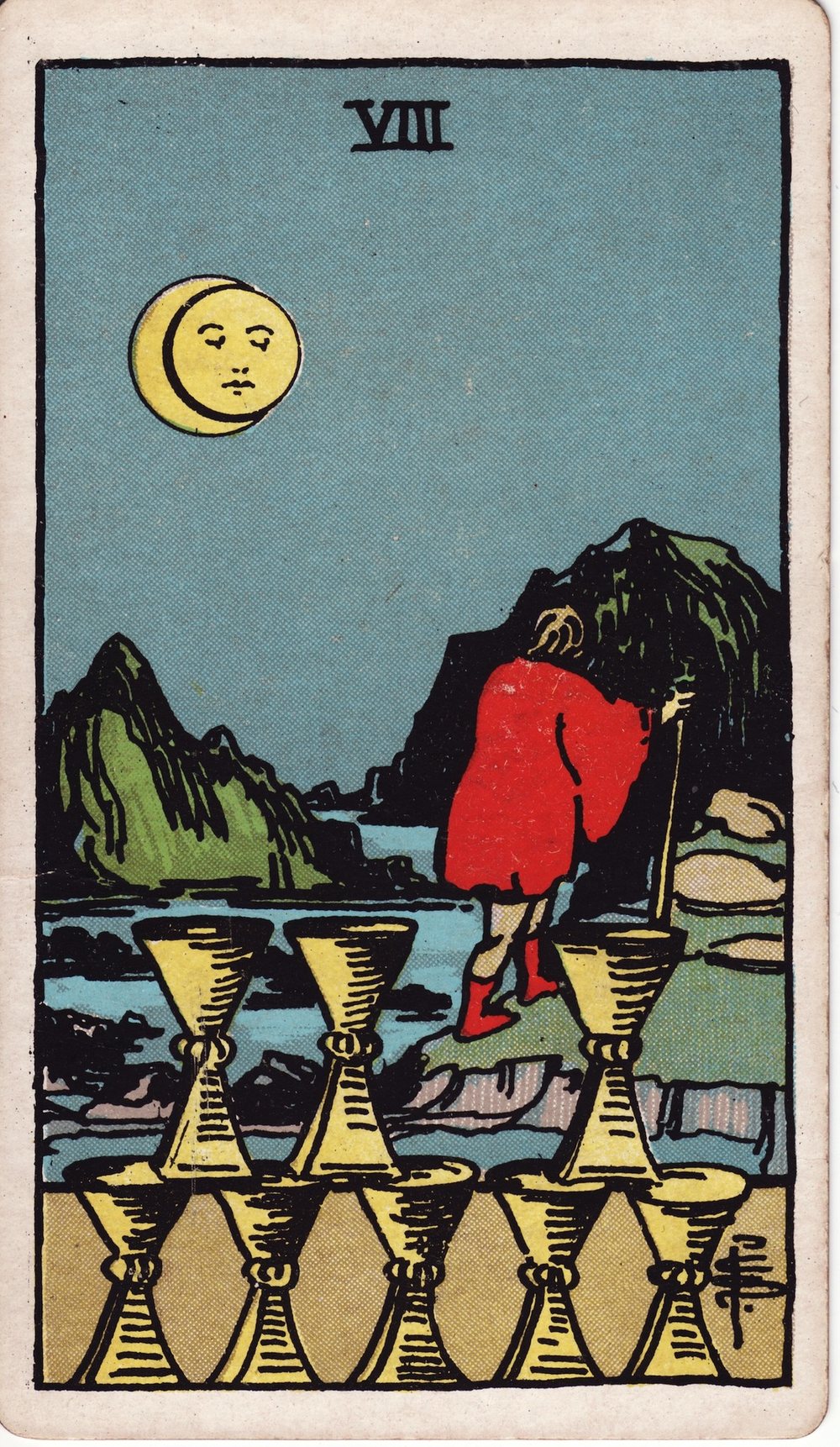 The Eight of Cups card in the Rider-Waite-Smith tarot deck