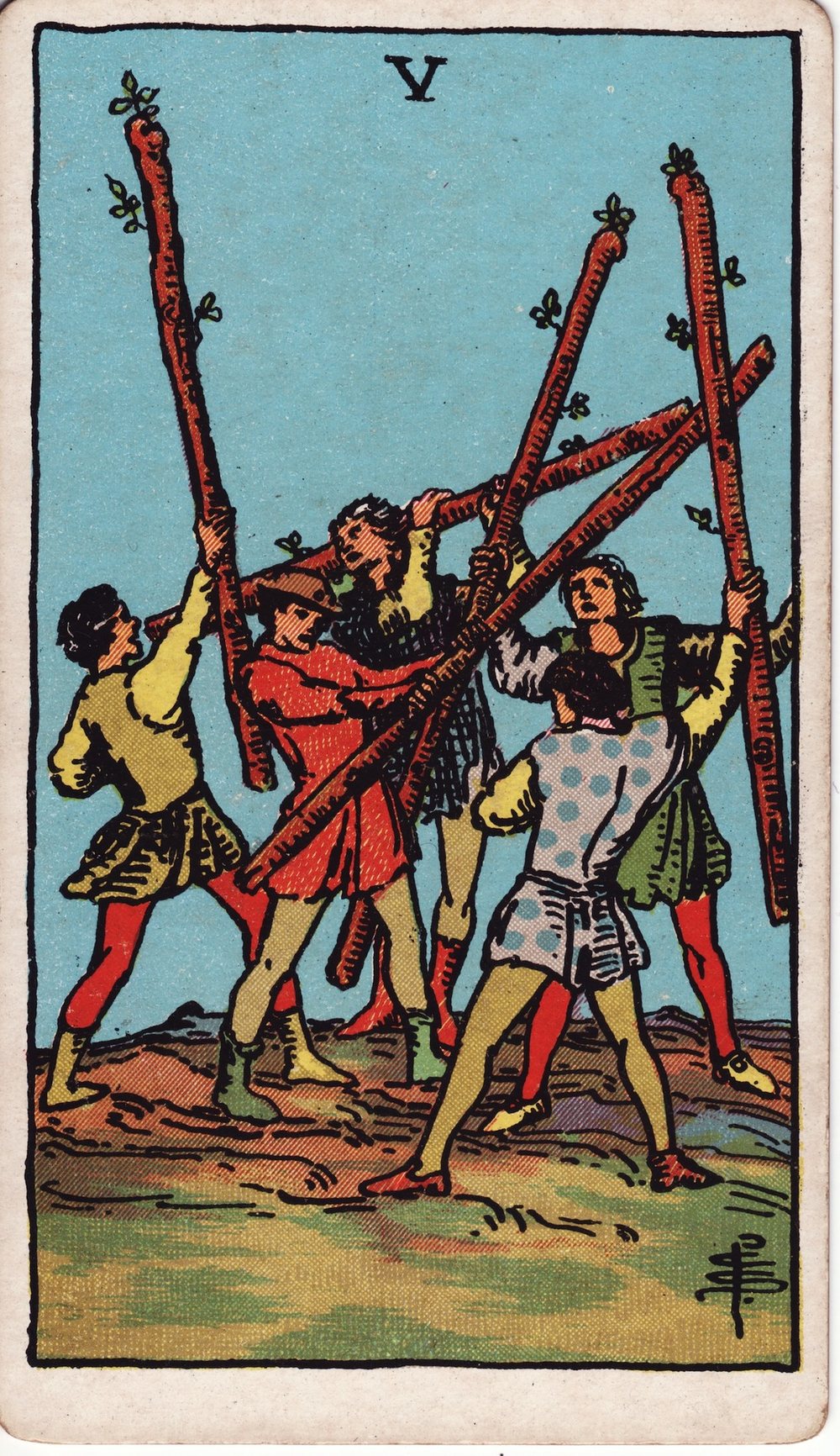 The Five of Wands card in the Rider-Waite-Smith tarot deck