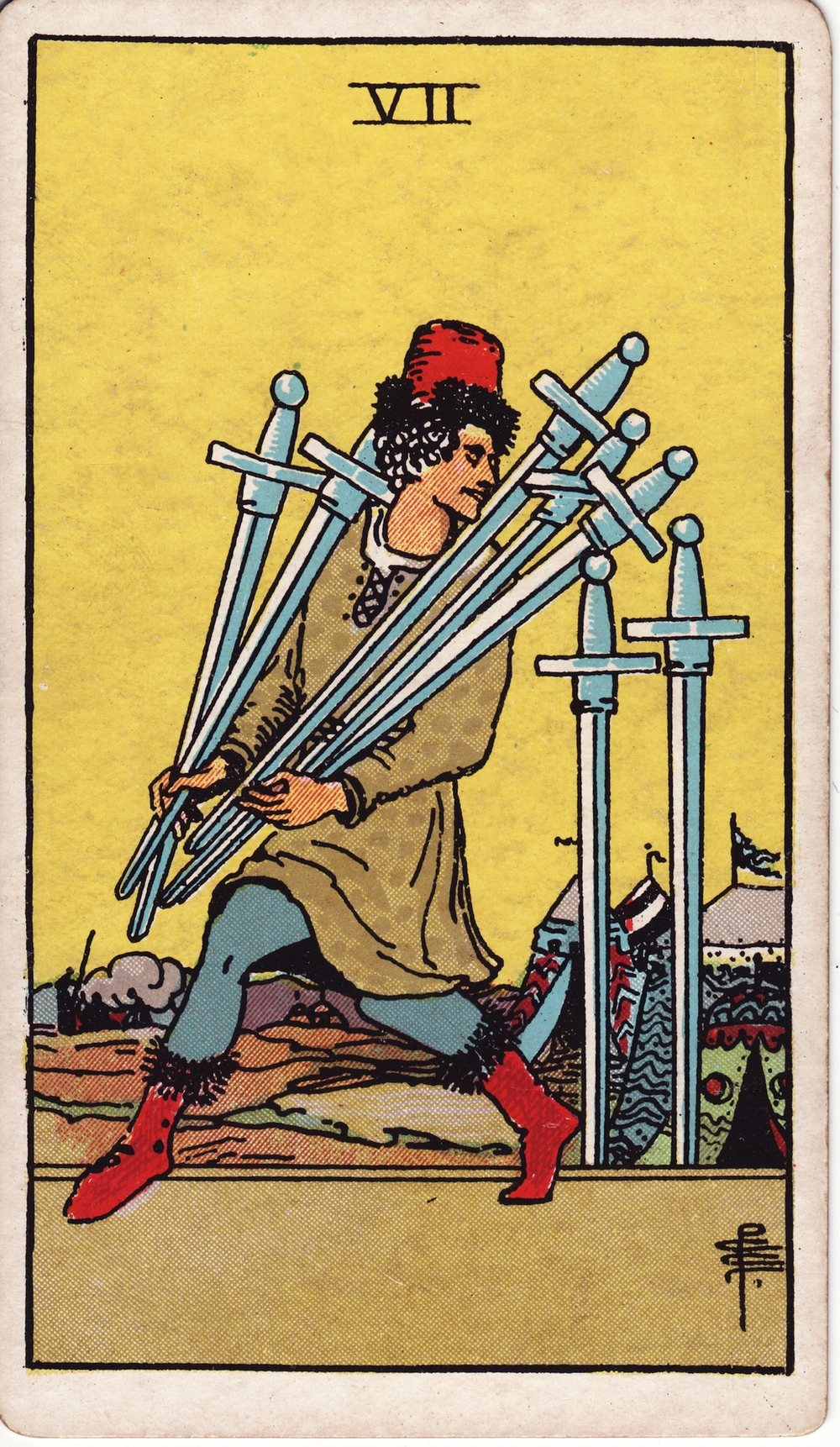 The Seven of Swords card in the Rider-Waite-Smith tarot deck