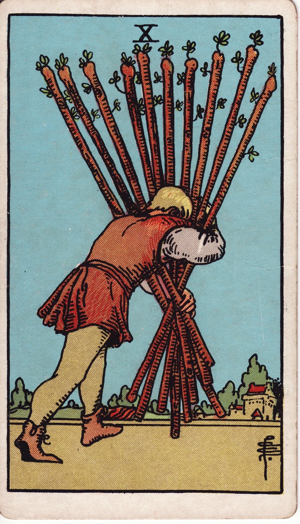 The Ten of Wands card in the Rider-Waite-Smith tarot deck